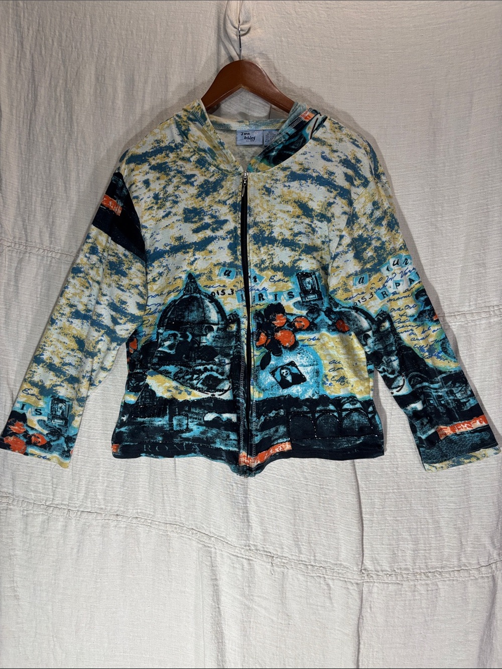 VTG Jane Ashley Paris Rome European Collage Zip Up Hoodie Graphic Jacket XL EUC